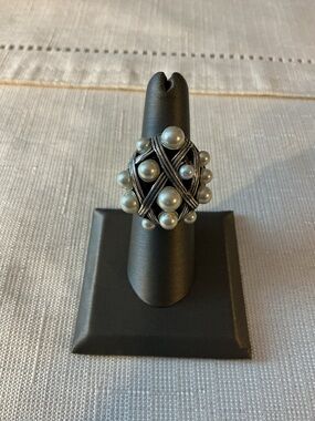 Brighton Vintage Silver Tone Faux Pearl Ring